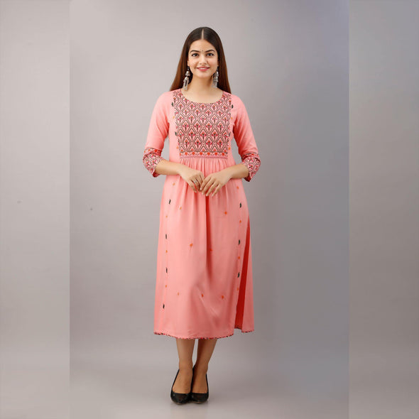 Salmon Embroidered Rayon Kurti - Frionkandy