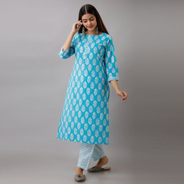 Light Blue Cotton Printed Kurta and Pant Set-Frionkandy