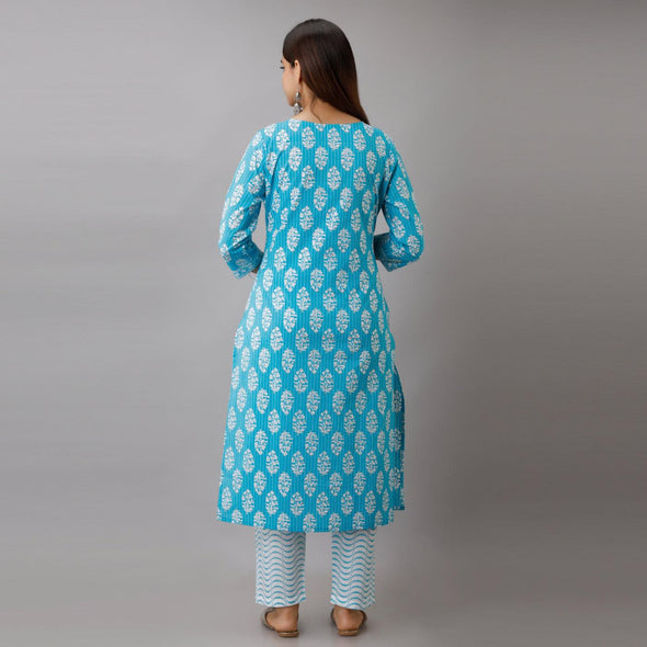 Light Blue Cotton Printed Kurta and Pant Set-Frionkandy