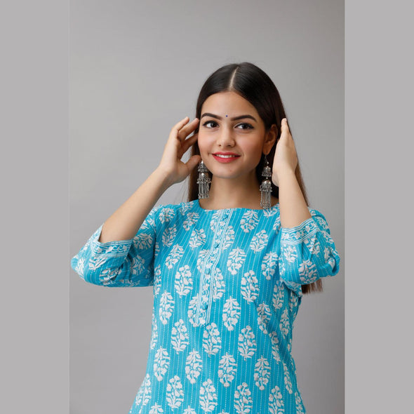 Light Blue Cotton Printed Kurta and Pant Set-Frionkandy