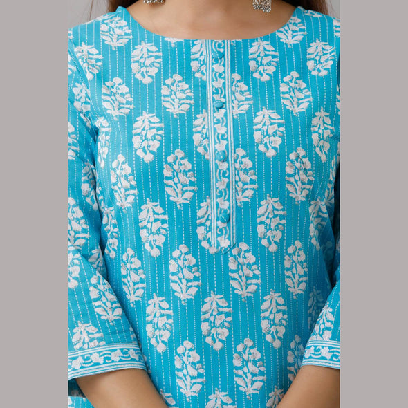 Light Blue Cotton Printed Kurta and Pant Set-Frionkandy