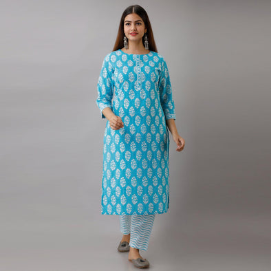 Light Blue Cotton Printed Kurta and Pant Set - Frionkandy