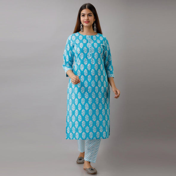 Light Blue Cotton Printed Kurta and Pant Set-Frionkandy