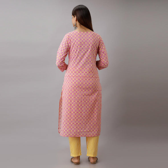 Pink Cotton Printed Kurta and Pant Set-Frionkandy