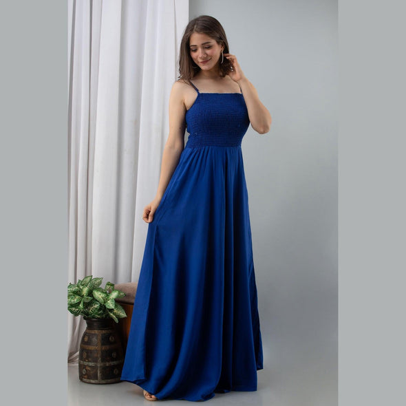 Blue Shirred Gown Dress - Frionkandy