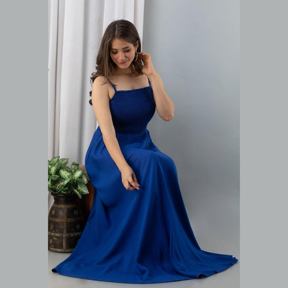 Blue Shirred Gown Dress - Frionkandy