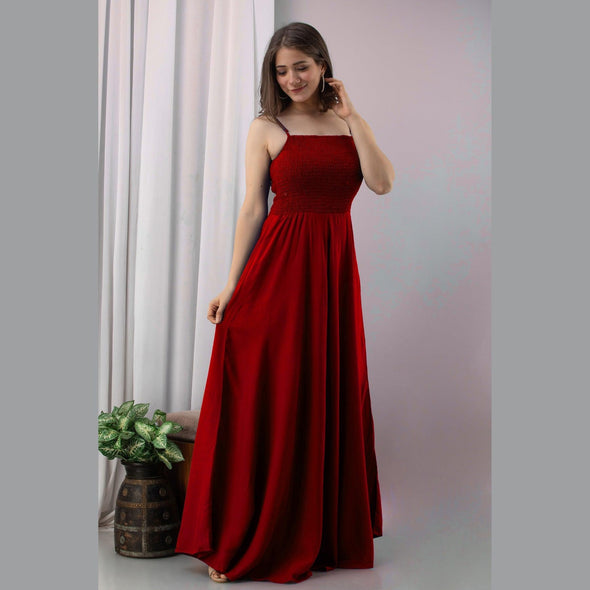 Red Shirred Gown Dress-FrionKandy