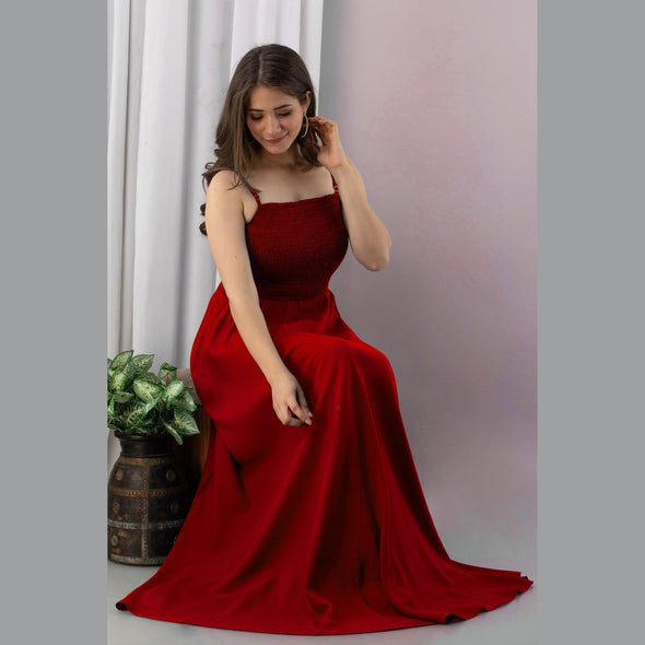 Red Shirred Gown Dress-FrionKandy