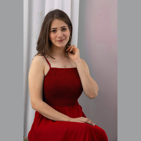 Red Shirred Gown Dress-FrionKandy