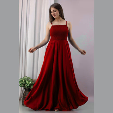 Red Shirred Gown Dress - Frionkandy