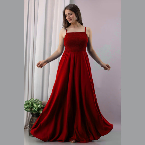 Red Shirred Gown Dress-FrionKandy