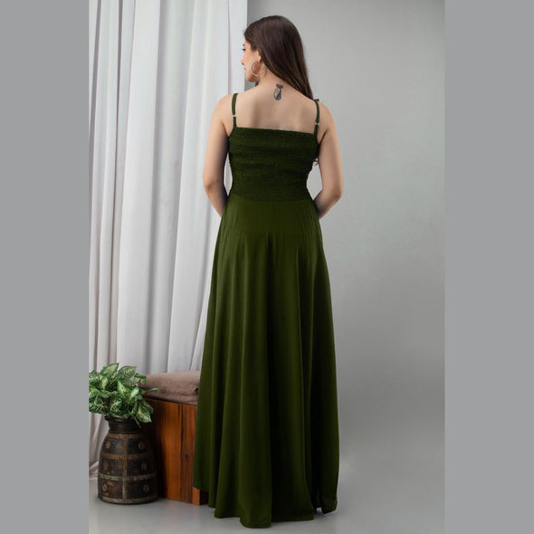 Dark Green Shirred Gown Dress-FrionKandy
