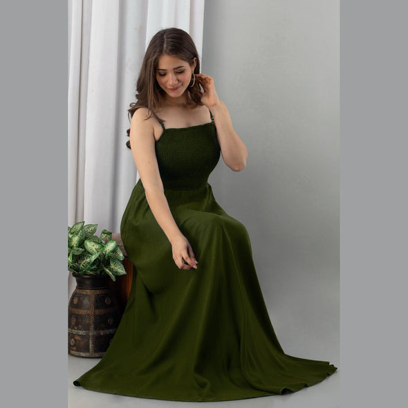 Dark Green Shirred Gown Dress-FrionKandy