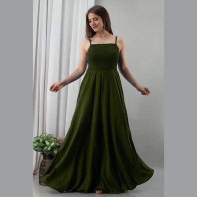 Dark Green Shirred Gown Dress - Frionkandy