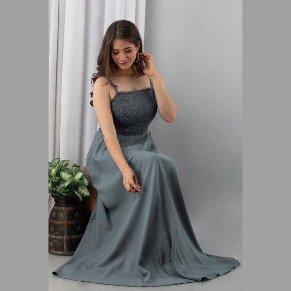 Grey Shirred Gown Dress-FrionKandy