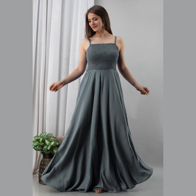 Grey Shirred Gown Dress - Frionkandy