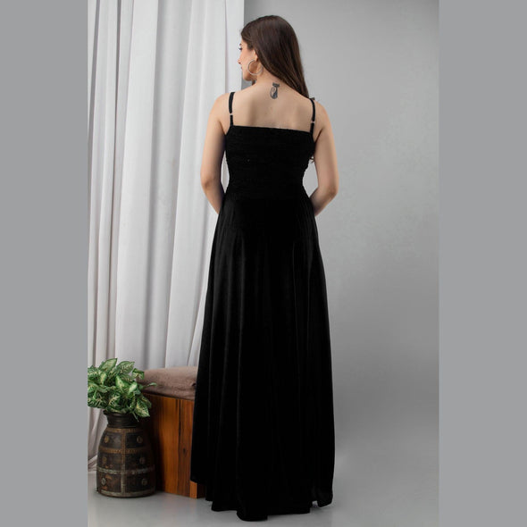 Black Shirred Gown Dress - Frionkandy
