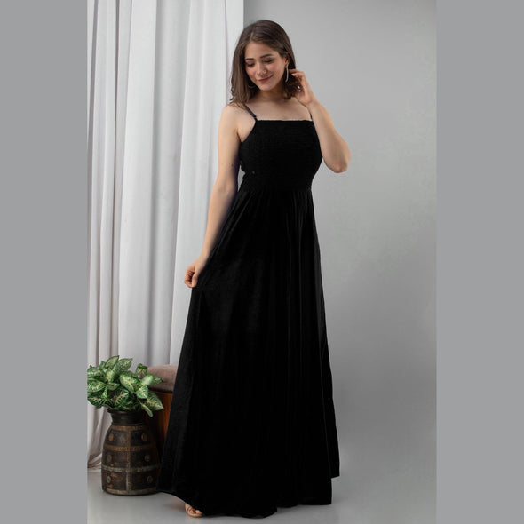 Black Shirred Gown Dress - Frionkandy