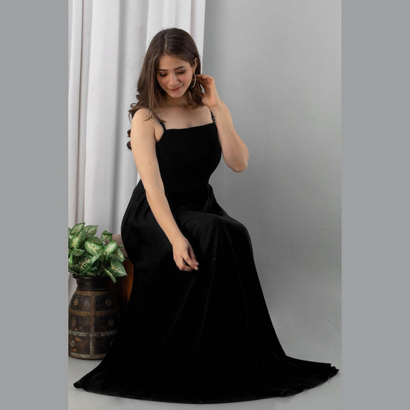 Black Shirred Gown Dress-FrionKandy