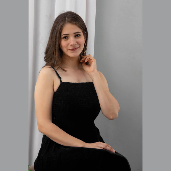 Black Shirred Gown Dress-FrionKandy