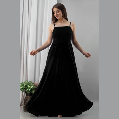 Black Shirred Gown Dress - Frionkandy