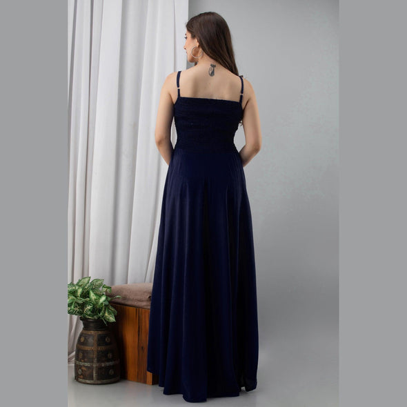 Navy Blue Shirred Gown Dress-FrionKandy