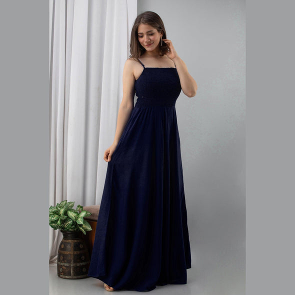 Navy Blue Shirred Gown Dress-FrionKandy