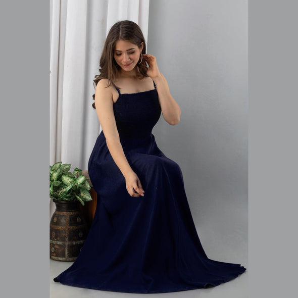 Navy Blue Shirred Gown Dress-FrionKandy