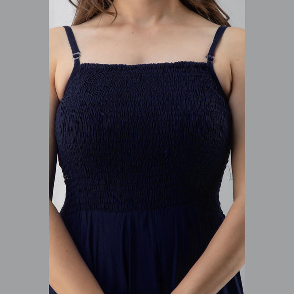 Navy Blue Shirred Gown Dress-FrionKandy
