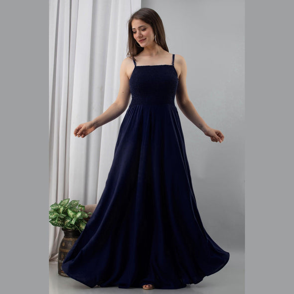Navy Blue Shirred Gown Dress-FrionKandy