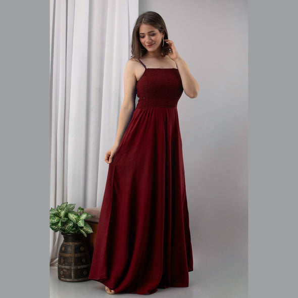 Maroon Shirred Gown Dress - Frionkandy