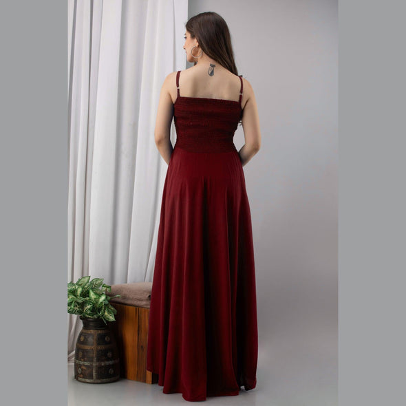 Maroon Shirred Gown Dress-FrionKandy