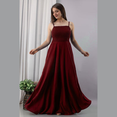 Maroon Shirred Gown Dress - Frionkandy