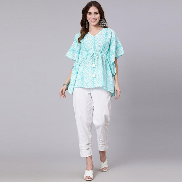 Light Blue Tie And Dye Print Cotton Kaftan Dress (SHKUP1207)