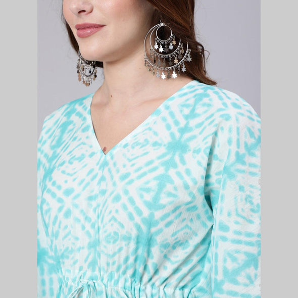 Light Blue Tie And Dye Print Cotton Kaftan Dress (SHKUP1207)