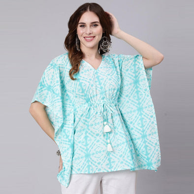 Light Blue Tie And Dye Print Cotton Kaftan Dress (SHKUP1207) - Frionkandy