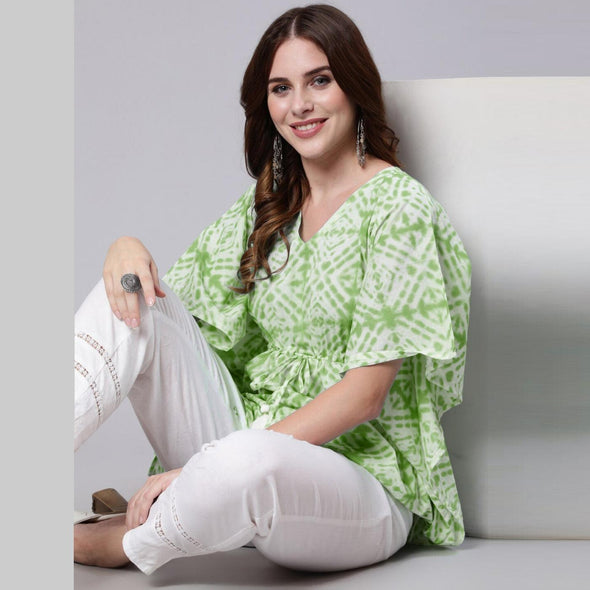 Light Green Tie And Dye Print Cotton Kaftan Dress (SHKUP1208)