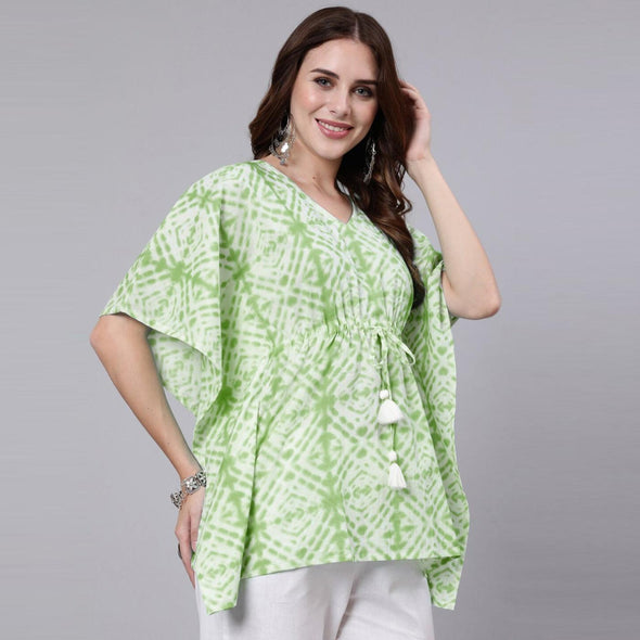 Light Green Tie And Dye Print Cotton Kaftan Dress (SHKUP1208)