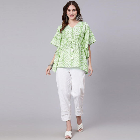Light Green Tie And Dye Print Cotton Kaftan Dress (SHKUP1208)