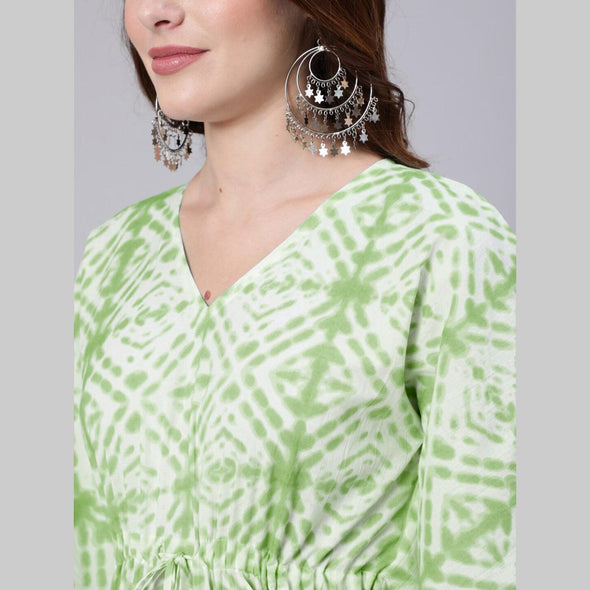 Light Green Tie And Dye Print Cotton Kaftan Dress (SHKUP1208)