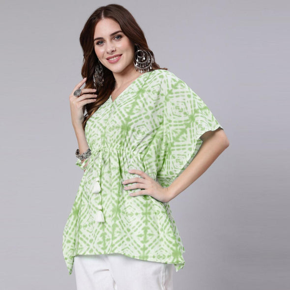 Light Green Tie And Dye Print Cotton Kaftan Dress (SHKUP1208)