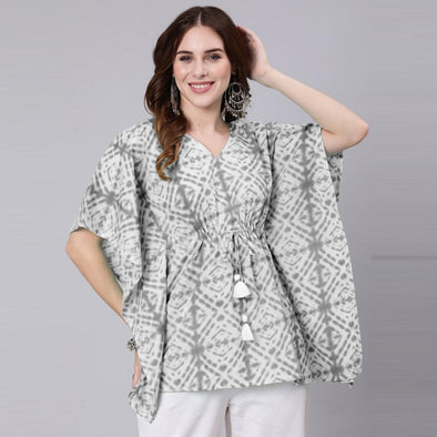 Grey Tie And Dye Print Cotton Kaftan Dress (SHKUP1209) - Frionkandy