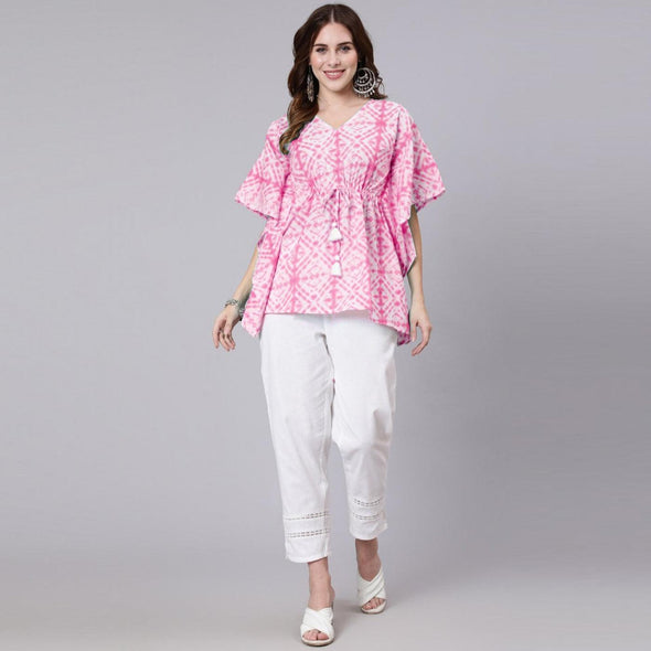 Pink Tie And Dye Print Cotton Kaftan Dress (SHKUP1210) - Frionkandy