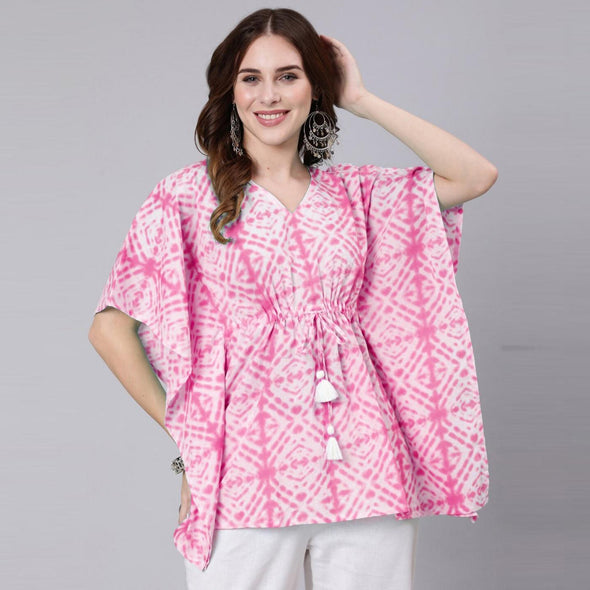 Pink Tie And Dye Print Cotton Kaftan Dress (SHKUP1210) - Frionkandy