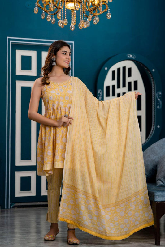 Women Yellow Floral Printed Kurta with Trousers & Dupatta - Frionkandy
