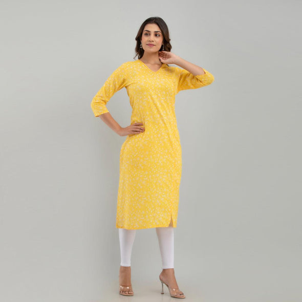 Women Yellow Floral Print Straight Kurta (SHKUP1213) - Frionkandy