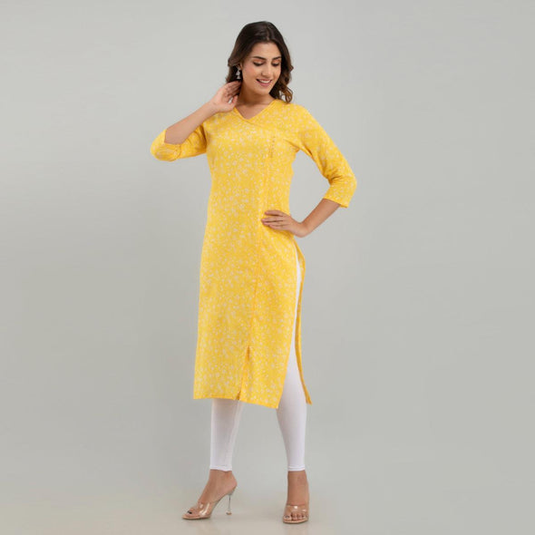 Women Yellow Floral Print Straight Kurta (SHKUP1213) - Frionkandy