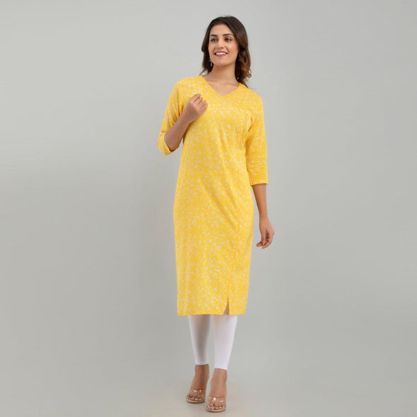 Women Yellow Floral Print Straight Kurta (SHKUP1213) - Frionkandy