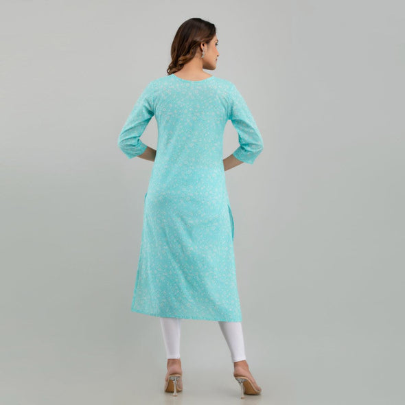 Women Sky Blue Floral Print Straight Kurta (SHKUP1214)