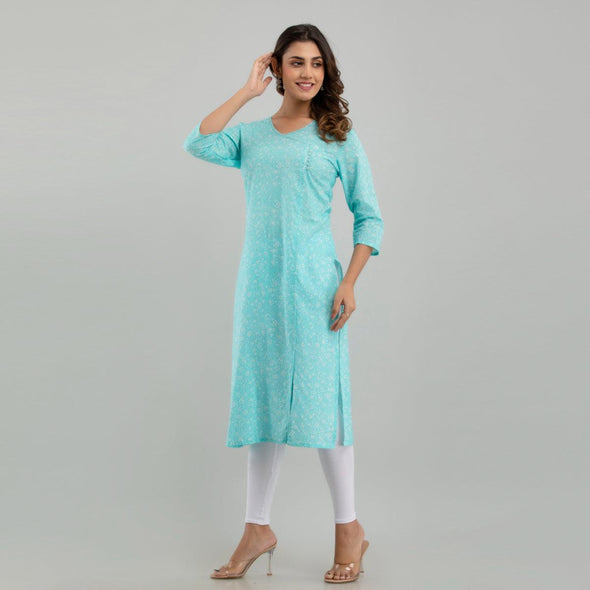 Women Sky Blue Floral Print Straight Kurta (SHKUP1214)